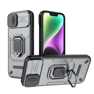 Imagem de SORAKA Capa para iPhone 13 com suporte de anel e capa de câmera deslizante para iPhone 13 com placa de metal para suporte magnético de carro, capa protetora de camada dupla em policarbonato rígido e