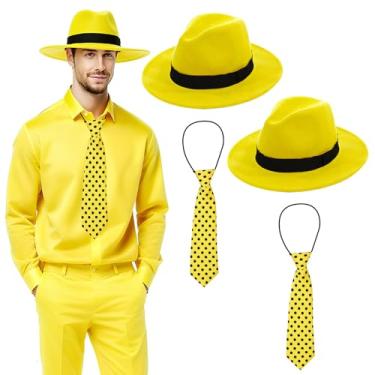 Imagem de Benwanfee Conjunto de 4 peças de gravata amarela de feltro amarelo Derby chapéu preto de bolinhas para acessórios de fantasia de Halloween