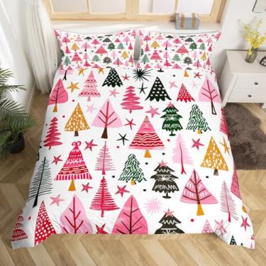 Imagem de Manfei Capa de edredom King Size com desenho de pinheiros, princesa, rosa, verde, árvores de Natal, linda capa de edredom estrelada para adultos todas as estações, conjunto de cama de presente de