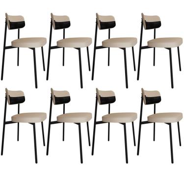 Imagem de Kit 08 Cadeiras Estofada Para Sala de Jantar Astrid Preto C01 Linho Areia Courino Preto - Lyam Decor