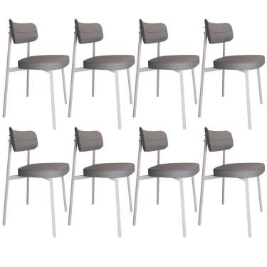 Imagem de Kit 08 Cadeiras Estofada Para Sala de Jantar Astrid Branco C01 Linho Cinza - Lyam Decor