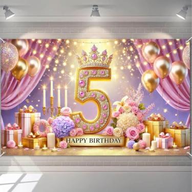 Imagem de HOMETITUTE 5º aniversário decoração de pano de fundo para meninas faixa de fundo de festa de princesa com flores e velas, faixa de feliz aniversário ao ar livre para fotografia fundos 180 x 109 cm
