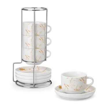 Imagem de MALACASA Copos de café expresso de porcelana de 118 ml com pires e suporte de metal, conjunto de 4, mármore branco