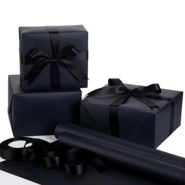 Imagem de Feifeiya Rolo de papel de embrulho de Natal, papel de presente Kraft preto, 2 rolos de 44 x 85 cm, com 1 rolo de 2,5 cm x 25 m de fita preta para manchas