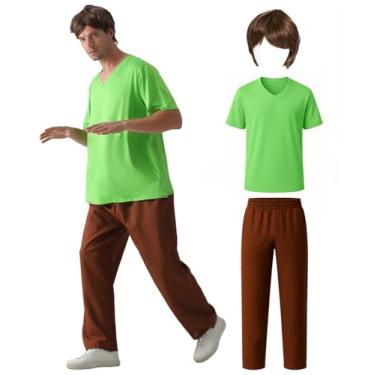 Imagem de Oerinkend Conjunto de fantasia masculina de luxo de Halloween - roupa completa com peruca marrom, camiseta verde, calça marrom (grande)