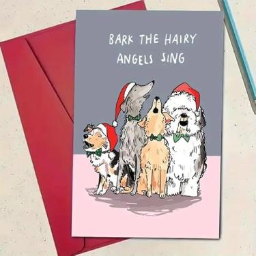 Imagem de Cartão de Natal com chapéus vermelhos de Papai Noel - Cartão de felicitações "Bark the Furry Angels Sing" perfeito para família, amigos e amantes de animais de estimação com envelope combinando