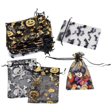 Imagem de 44 peças, bolsa de organza com cordão, tema de Halloween, morcego, caveira, impressa, bolsas de organza para joias para presente, bolsas de malha para lembrancinhas de festa de Halloween, bolsas de
