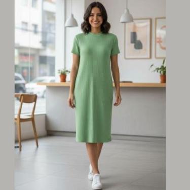 Imagem de Vestido Canelado Curto com Manga Curta e Gola Redonda Cereja Rosa-Feminino