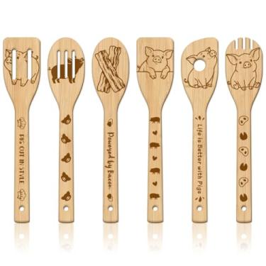 Imagem de GLOBLELAND Conjunto de 6 peças de colheres de madeira para porcos fofos, comida, bacon, bambu, utensílios de cozinha, conjuntos de espátulas de cozinha gravadas em madeira para cozinha, presente