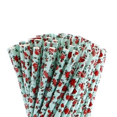 Imagem de NIEITRK 100 peças de palha de papel biodegradável verde com padrão rosa, canudos de festa de flores para aniversário de meninas, casamento, chá de panela, coquetéis e decorações de suco, suprimentos