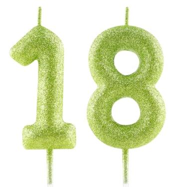 Imagem de FUNCANDLE Velas de aniversário verdes brilhantes de 6 cm, vela número 18, velas de feliz aniversário de 18 anos para decoração de festa de aniversário de meninas e meninos