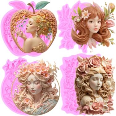 Imagem de MIYAHOUSE Goddess Avatar Fondant Moldes de silicone para decoração de bolos, topo de cupcake, pasta de goma de chocolate, argila de polímero, conjunto de 4