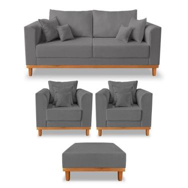Imagem de Kit Sofá 3 Lugares E 2 Poltronas Beny + Puff Isa Linho Grafite