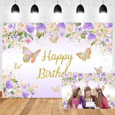Imagem de 1,5 x 0,9 m, pano de fundo de borboleta, aniversário, flores roxas, fundo fotográfico, para mulheres, meninas, lindo aniversário de feliz aniversário, faixa roxa temática para decoração de festa