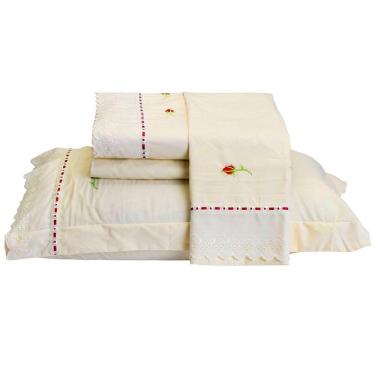 Imagem de Jogo De Lençol Yasmin Queen 4 Peças Percal 200 Fios 100% Algodão Bordado Floral - Palha