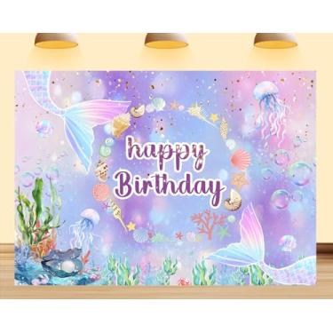 Imagem de Pano de fundo para fotografia de sereia feliz aniversário 1,8 x 1,5 m mundo subaquático sonhador água-viva cauda de peixe pano de fundo sob o mar para decoração de chá de bebê princesa menina