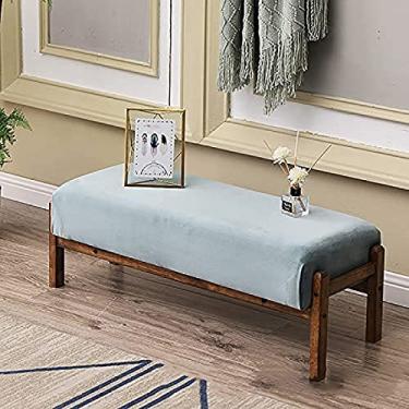 Imagem de Banqueta vintage de madeira maciça, banco de cama, banco de fazenda com almofada de assento, banco de entrada, veludo azul, 105 x 30 x 32 cm