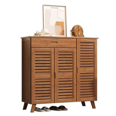 Imagem de Armário de sapatos com gaveta e portas, armário de armazenamento de sapatos de bambu de grande capacidade, unidade de armazenamento de sapatos de entrada para 12 a 20 pares, armário com economia de