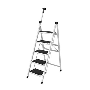 Imagem de Escadas dobráveis escadas de 5 degraus Banqueta dobrável com pega única telescópica e pedal extra largo escadas de aço resistente de 1,8 m, escada resistente com capacidade de 150 kg (cor: preto