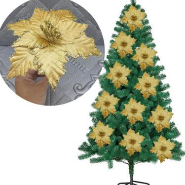 Imagem de Flores Ramo Dourado Decoração Árvore De Natal 20cm Kit 12pçs - Genéric