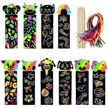 Imagem de 100 peças de kit de criação de marcadores de livro para crianças, papel de raspar, faça você mesmo, marcadores de livro de animais a granel com 100 fitas e 50 peças de caneta stylus de madeira para