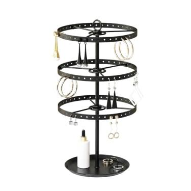 Imagem de KunGe Suporte organizador de brincos giratório de metal de 3 camadas, árvore de exibição ajustável, suporte grande de carrossel de 126 furos para brincos de argola perfurada pendurada para mulheres e