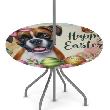 Imagem de hongjinglin Toalha de mesa de Páscoa para uso ao ar livre com orifício para guarda-chuva, toalha de mesa redonda elástica com zíper, impermeável, limpável, para piquenique, festa, pátio, serve para