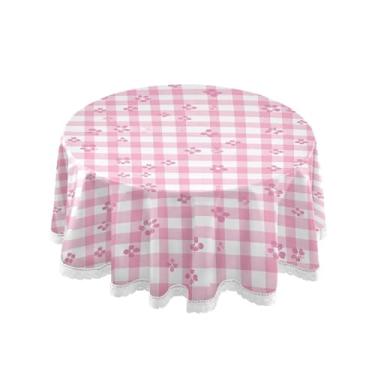 Imagem de SEHANY Toalha de mesa redonda com flores xadrez rosa 152 cm, tecido lavável sem rugas, toalha de mesa redonda com renda decorativa para restaurante, casamento, acampamento, festa Fiesta Cinco de Mayo