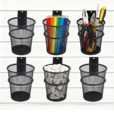 Imagem de Klmnop Conjunto de 6 copos de slatwall com laços de gancho, organizador de lápis e porta-ferramentas de malha de metal, acessórios de parede de ripas para garagem, oficina, armazenamento de escritório