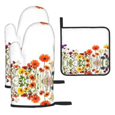 Imagem de Iris Flower Butterfly - Conjunto de cozinha essencial com 3 peças, luvas resistentes ao calor e alça de tampa, proteção para churrasco no forno, design de armazenamento suspenso.