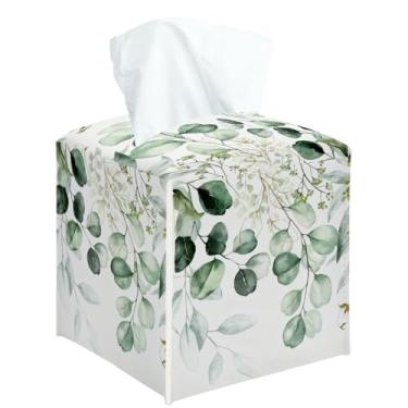 Imagem de Capa quadrada de caixa de lenços de folhas de eucalipto, suporte de caixa de lenços decorativo para quarto, banheiro, cozinha, escritório, bancada, organizador de papel facial de couro -29