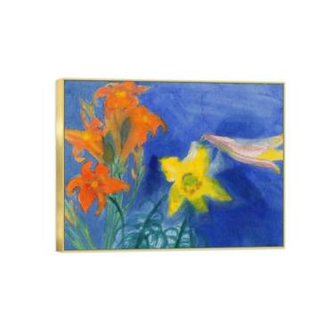 Imagem de BMZFYBS Pintura de arte de parede de flores - imagem de decoração vintage - lírios vermelhos e amarelos - impressões em tela moldura dourada para sala de estar 50 x 65 cm 20 x 26 pol