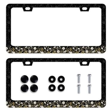 Imagem de Pacote com 2 lindas flores pequenas moldura de placa de licença personalizada margarida floral suporte para placas de carro dianteiras ou traseiras decoração de carro de aço inoxidável com parafusos 6