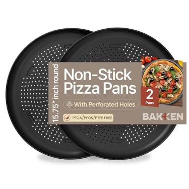 Imagem de Bakken Forma de pizza antiaderente de 40,6 cm, pacote com 2, bandeja redonda de aço carbono com furos perfurados, livre de PFOA, PFOS e PTFE, segura para lava-louças e forno de até 232 °C