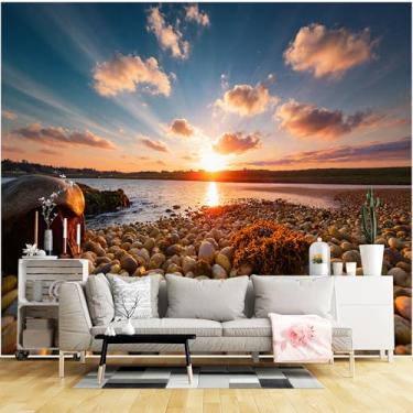 Imagem de Murais de parede de tamanho personalizado, pôr do sol costeiro seixos multicoloridos Calm Bay tecido de parede autoadesivo (sem PVC) papel de parede grande removível para sala de estar, quarto