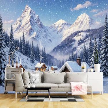 Imagem de Murais de parede de tamanho personalizado, paisagem de inverno nevado, montanhas, cabanas de madeira, tecido de parede autoadesivo (sem PVC) Papel de parede grande removível para sala de estar, quarto
