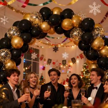 Imagem de Conjunto de balões pretos, 52 peças de 30 cm preto dourado kit de balões de látex metálicos com 2 cordões longos para festa de aniversário, chá de bebê, casamento, aniversário, decoração de gênero