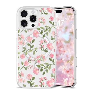 Imagem de EYZUTAK Capa magnética para iPhone 15 Pro Max com flores compatível com MagSafe, bonita floral elegante estética capa protetora fina transparente antiamarelamento para meninas e mulheres - rosa Sakura