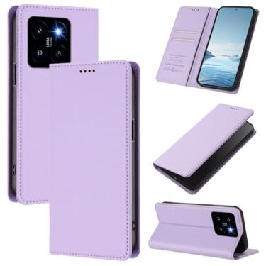 Imagem de Capa carteira fina para Xiaomi 14 Pro 5G com capa flip magnética, compartimentos para cartões e suporte, bloqueio RFID, compatível com carregamento sem fio, capa protetora à prova de choque (roxa)