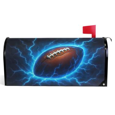 Imagem de TSENQUE Capas de caixa de correio magnéticas decorativas de vinil capa de caixa de correio outono desenho animado marrom bola de rúgbi azul caixa de correio moderna decoração de jardim tamanho grande