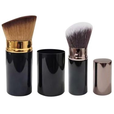 Imagem de Conjunto de pincéis de maquiagem retráteis, pacote com 2 – Base de viagem e pincel facial com cerdas de nylon, tubo de alumínio, para maquiagem líquida, blush, bronzeador, primer e protetor solar