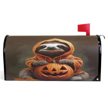 Imagem de TSENQUE Capas decorativas para caixa de correio magnética, envoltórios de caixa de correio de vinil, preguiça, Halloween, abóbora, férias, à prova de intempéries, decoração de caixa de correio