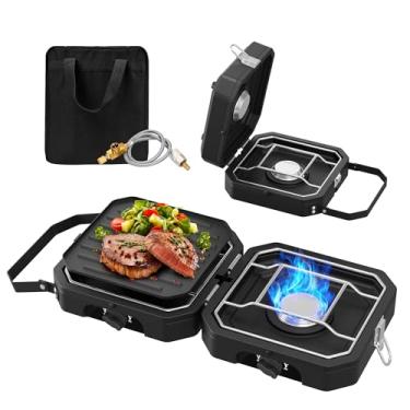 Imagem de Fogão de acampamento portátil a propano com bolsa de transporte e calor ajustável independentemente, fogão a gás dobrável com 2 queimadores para cozinhar ao ar livre, recepção e reunião de quintal