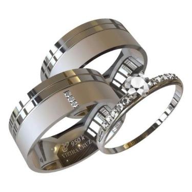 Imagem de Par de Alianças em Prata com 3 Pedras + Anel Solitário - Vieira Cruz J