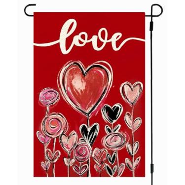 Imagem de RABUSOFA Bandeira de jardim de dia dos namorados 30,5 x 45,7 cm dupla face externa, corações de amor floral bem-vindo rústico aniversário bandeira exterior (07) (vermelho, tamanho do jardim: 30,5 x