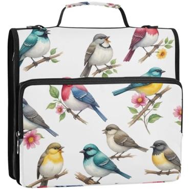 Imagem de Pasta profissional com 3 anéis de 3,8 cm, anel em D fofos, passarinhos canoros, primavera, zíper, portfólio, comporta 500 folhas, bolsa de fichário com alça para escola, 34,5 x 31,5 x 9 cm