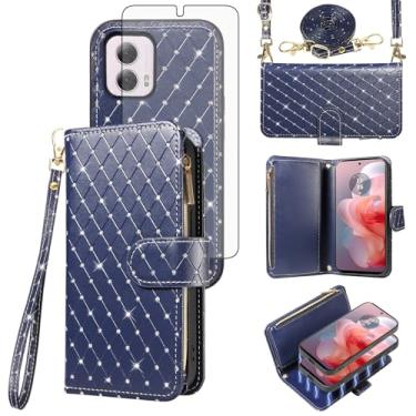 Imagem de Capa carteira compatível com Motorola Moto G Power 5G 2024 com zíper, célula destacável e protetor de tela de vidro temperado, alça transversal com glitter flip porta-cartões, capa para celular para