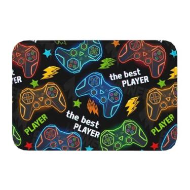 Imagem de Jbofyee Tapete de banheiro de fundo com controle de videogame 61 x 40 cm antiderrapante microfibra macia tapete de banheiro lavável, tapete de entrada colorido joysticks decoração para banheira