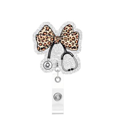 Imagem de Carretel de crachá retrátil de leopardo, clipe de identificação com glitter engraçado presente para enfermeira, médico, trabalhador de escritório, professor, amante de animais, jardim de infância