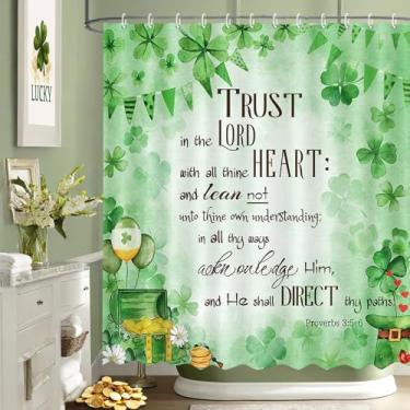 Imagem de MEHOFOND Cortina de chuveiro cristã do dia de São Patrício, trevo verde irlandês, versículo bíblico, cortina de chuveiro para banheiro Lucky St. Patricks Day decoração de banheira tecido impermeável